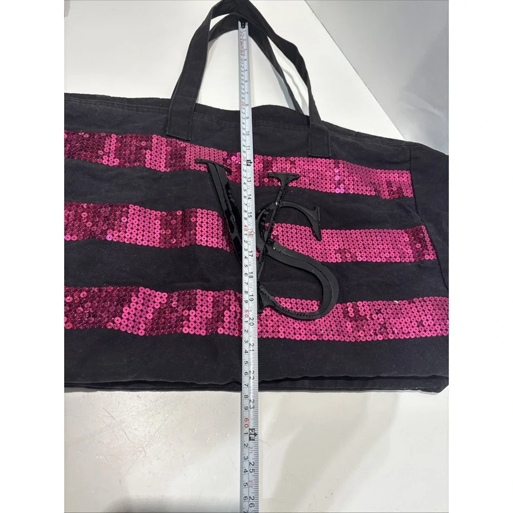 Victoria's Secret Black With Pink Sequin XL Tote Stripe Limited Edition Top Zip